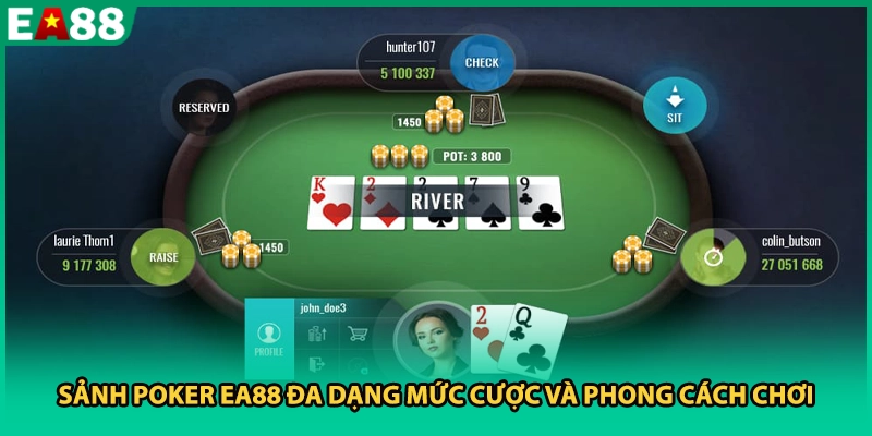 Sảnh Poker EA88 đa dạng mức cược và phong cách chơi